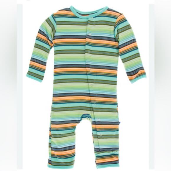 KicKee Pants BAMBOO Newborn Cancun Glass Stripe Coverall with Snaps Ruffles Soft - Picture 1 of 6